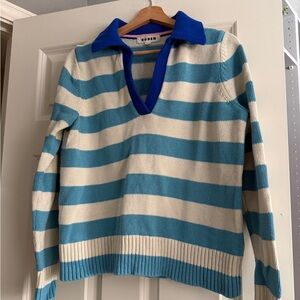 Boden Women's V-Neck Sweater in Blue and Cream Stripes